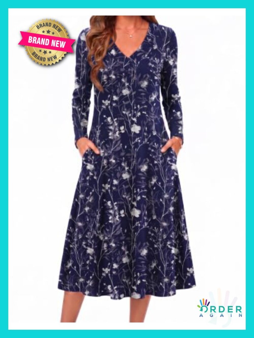 Long Sleeve Midi Dress V-Neck A-Line Pockets Casual Fall Work